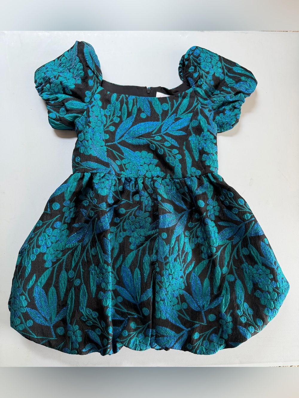 Lilly Pulitzer Girls Floral Puff-Sleeve Party Dress in Teal and Black